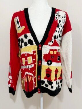 Vintage 90's Belle Pointe Firehouse Dalmatian Chunky Knit Cardigan Sweater M